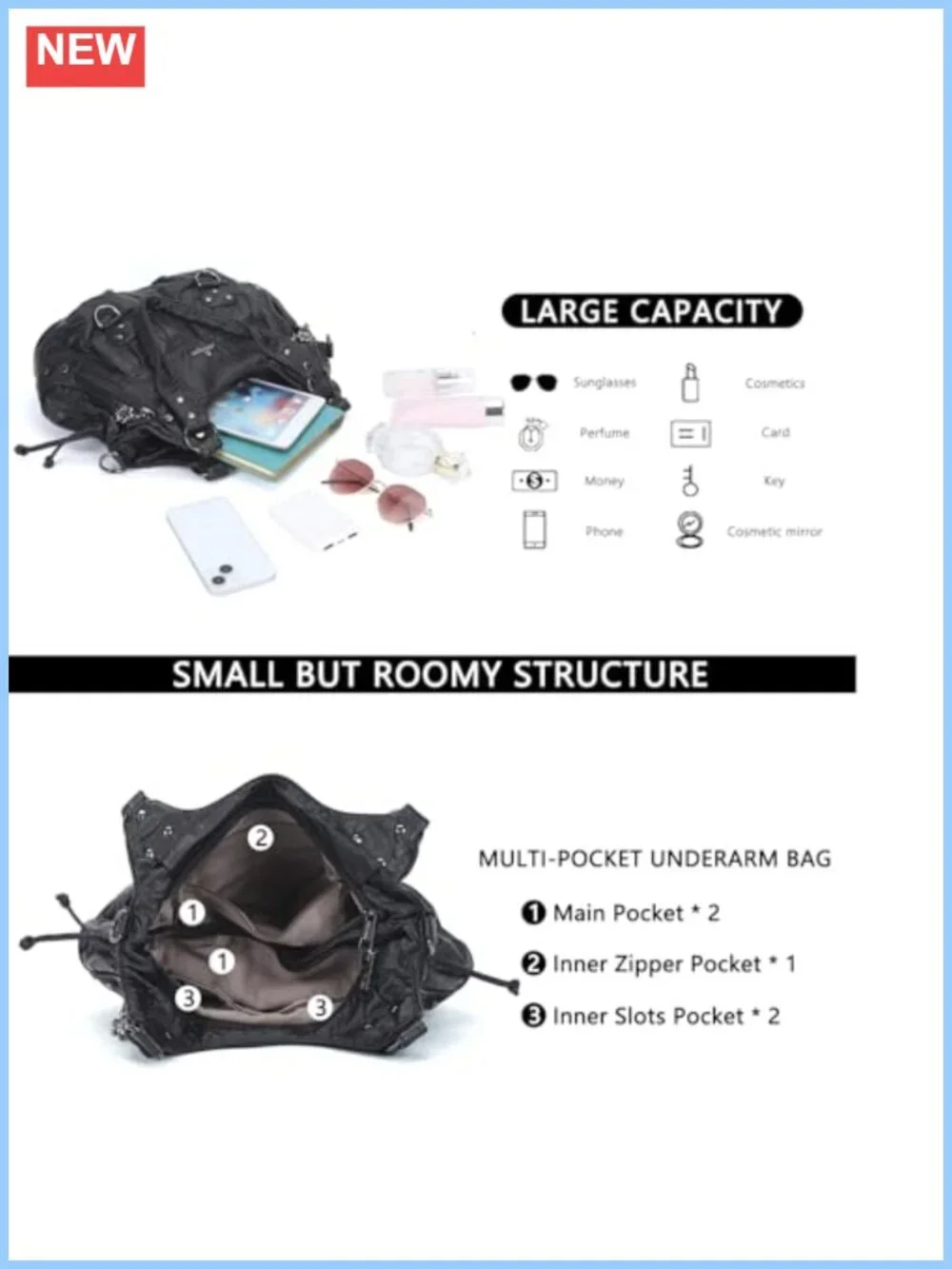 Women's Soft Faux Leather Hobo Handbag Multi Pocket Large Capacity Shoulder